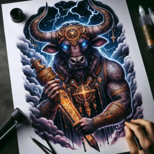 Colorful minotaur tattoo design idea with ornate gold armor, glowing rune sword, and storm clouds; color illustration; project concept; not a cover-up.