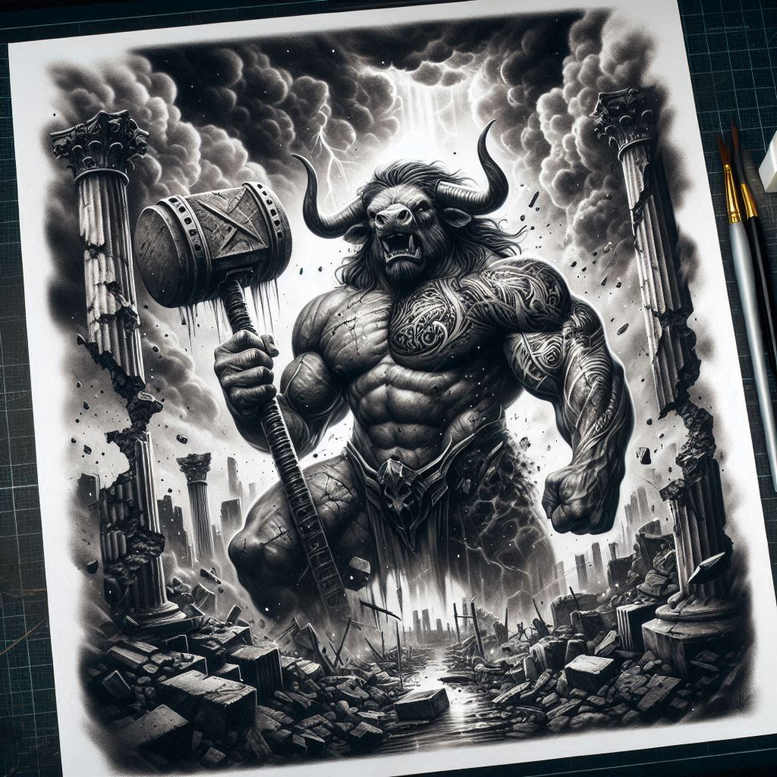 Minotaur, hammer, column, ruins, and clouds in black and grey; AI-generated tattoo project; cover-up suitable.