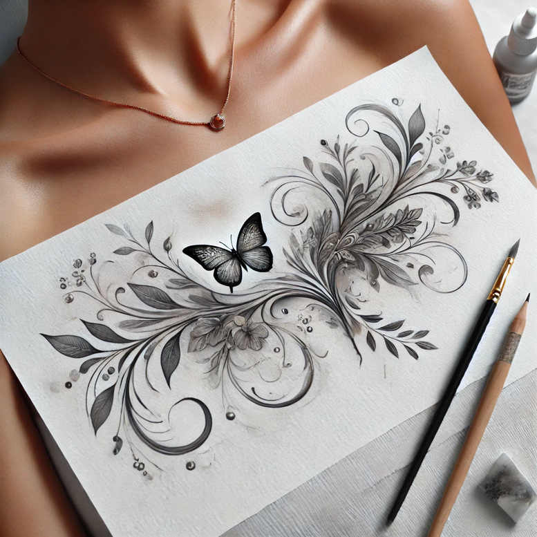 Black and grey butterfly with ornate floral swirl on paper; concept tattoo design, not a cover-up.