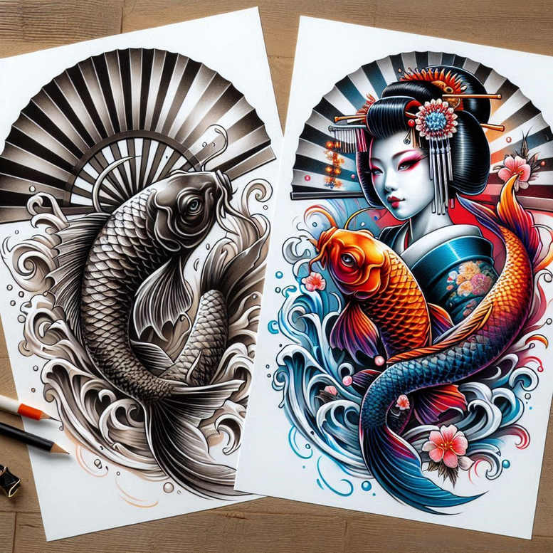 Koi fish in black and grey with a fan pattern on the left; colorful koi, geisha, waves, and flower pattern on the right; tattoo project; cover-up-ready.