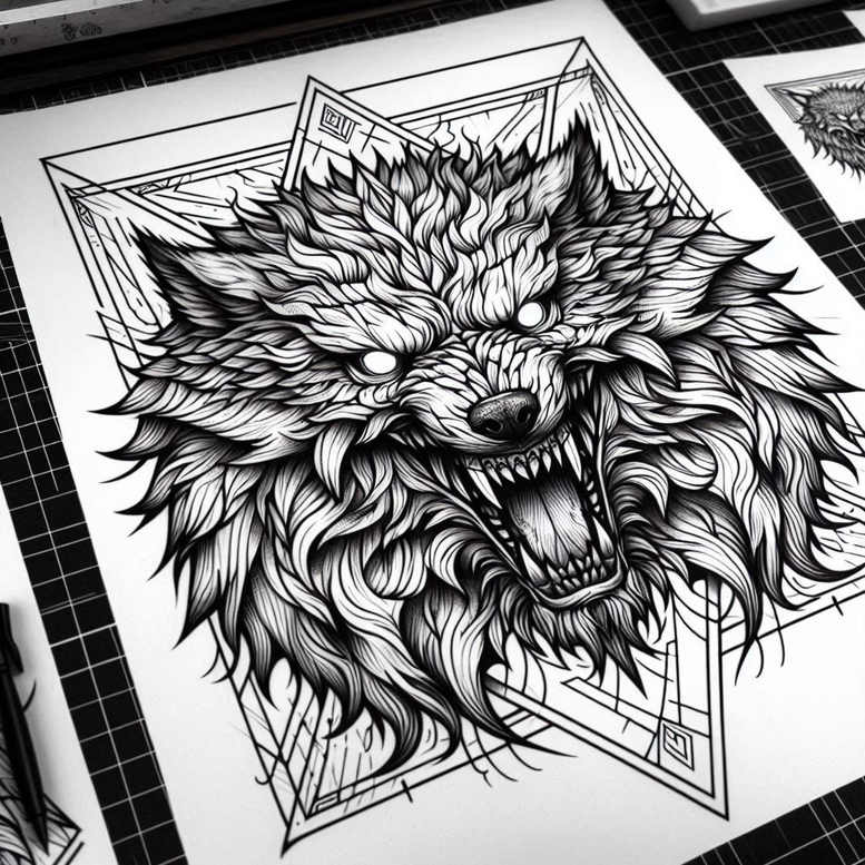 Bold black and grey wolf head within a geometric diamond frame; AI-generated tattoo project concept.