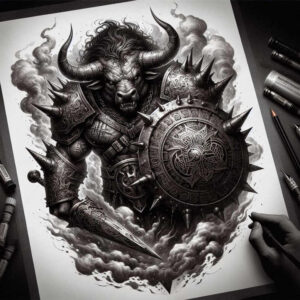 monster-with-might – tattoo design ideas free ai generated – chained – for-upper-chest – Gallery: monsters-greece-inkby-ai