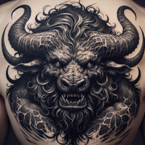 monster-with-weapon – tattoo design ideas free ai generated – tar – for-lower-chest – Gallery: monsters-greece-inkby-ai