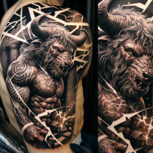 monsters-greece tattoo design ideas strong outlines decaying for outer arm