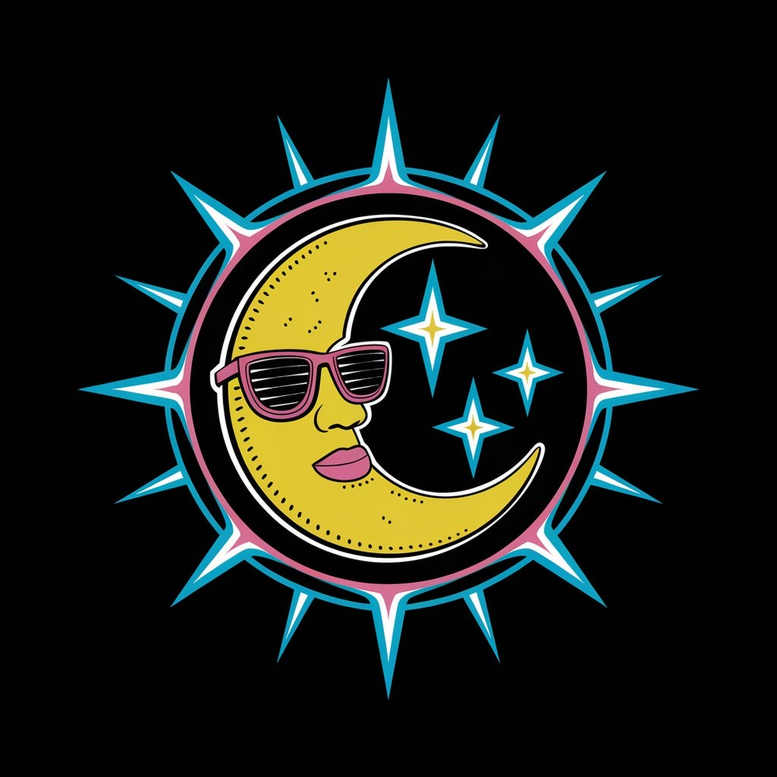 Moon with yellow face wearing pink sunglasses and pink lips, surrounded by blue stars inside a teal-pink sunburst on black background; pattern tattoo design concept for cover-up.