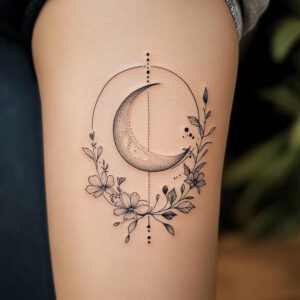 Moon, circle, flower, vine, and dot shapes; black and grey; tattoo project; not for cover-up.