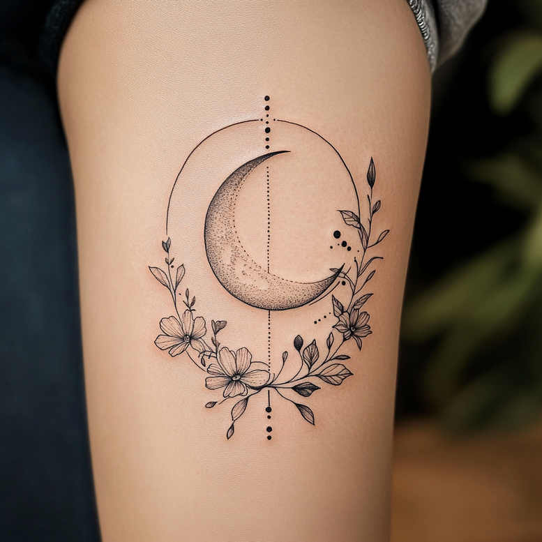 Moon, circle, flower, vine, and dot shapes; black and grey; tattoo project; not for cover-up.