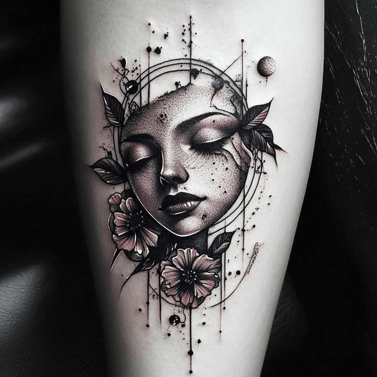 Face of a serene woman in black and grey ink with flowers, leaves, and circular geometric lines; tattoo project, pattern and cover-up-ready.