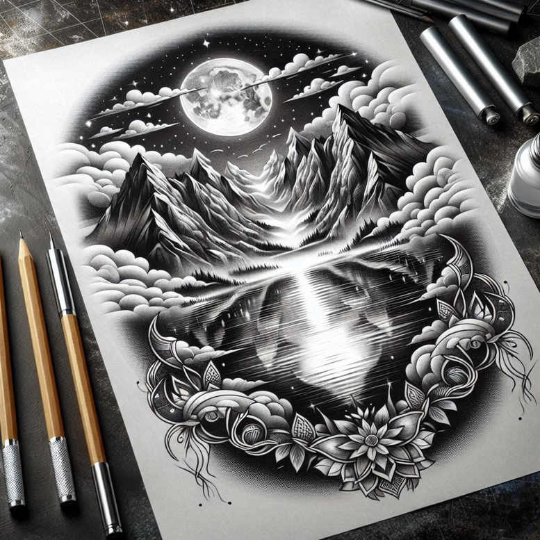 Moon, mountain, cloud, lake, flower, and leaf in black and grey ink; project idea for a tattoo design, cover-up ready.