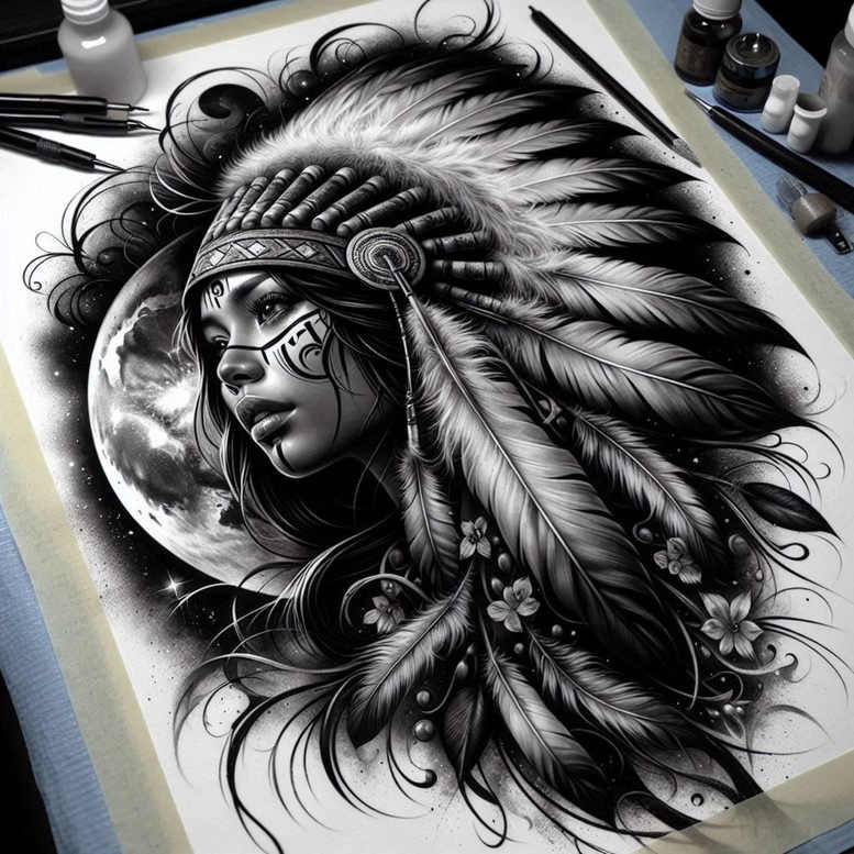 Face of a woman with a feathered Native American headdress, moon in the background, flowers in the hair; black and grey tattoo project; cover-up suitable.