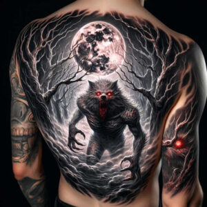 Black and grey back tattoo featuring a werewolf with red eyes beneath a full moon, surrounded by bare trees and fog; AI-generated tattoo project, ideal for cover-up.