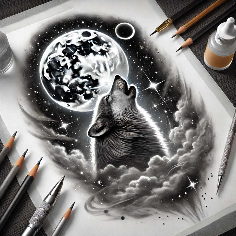 Wolf howling at the moon among clouds and stars in black-and-grey; AI-generated tattoo project concept, cover-up ready.