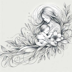 Woman, baby, flower, leaf, and vine elements in black and grey fine-line tattoo design; a project concept with pattern.