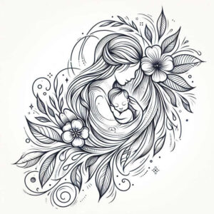 Mother and baby in flowing floral vine line art, black and grey; tattoo project idea; cover-up: not ideal.