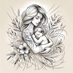 Mother cradling a sleeping baby amid black and grey floral linework, a fine line tattoo project.
