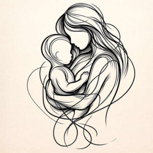 Mother and baby in embrace, line-art in black and grey on cream background; project idea; suitable for a cover-up.
