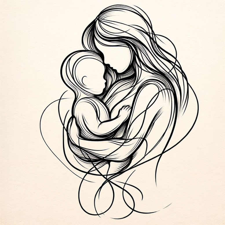 Mother and baby in embrace, line-art in black and grey on cream background; project idea; suitable for a cover-up.