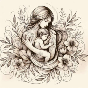 Woman holding a baby in a black and grey floral design with leaves and vines; tattoo project idea, not primarily for cover-up.