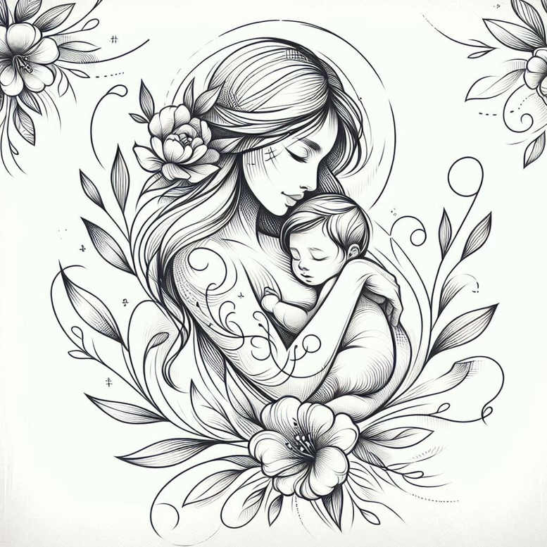 Mother and baby in black and grey, with flower, leaf, and vine motifs; AI-generated tattoo project idea; not intended as a cover-up.