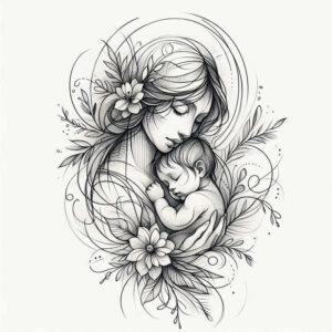 Mother and baby depicted in black-and-grey fine-line style, surrounded by floral blossoms, leaves, and swirling vines; AI-generated tattoo project; not ideal for cover-up.