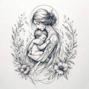 Mother cradling a sleeping child in black and grey line art, halo circle, botanical wreath; project idea, not suitable for cover-up.
