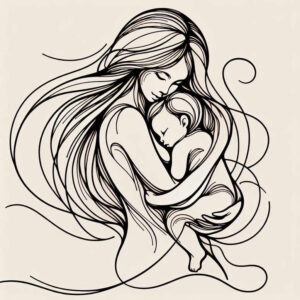 Mother and child line art in black and grey; hair flows around them; project idea; not suitable for cover-up.
