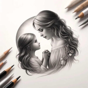 Woman and child grayscale portrait with circle backdrop, floral vine on the shoulder, and pencils around; black and grey tattoo project idea, not specifically for cover-up.