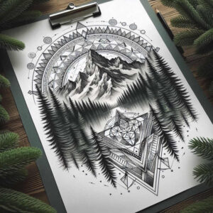 Black and grey tattoo design featuring mountain, pine forest, mandala circle, and geometric shapes; a cover-up-ready project.