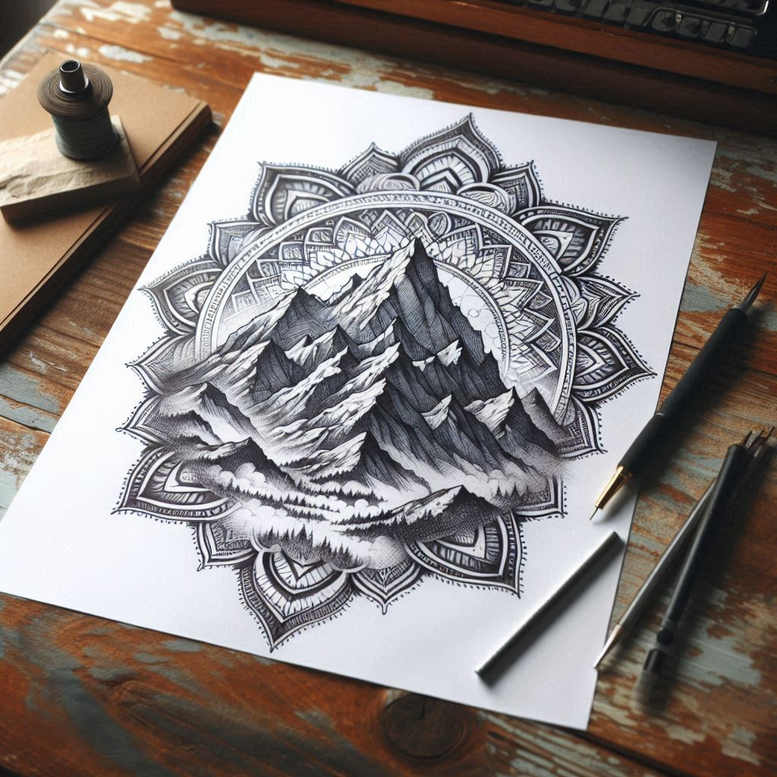 Black and grey mountains rise inside a circular mandala frame on paper; an ink bottle and a pen sit nearby, a tattoo design idea perfect for a cover-up.