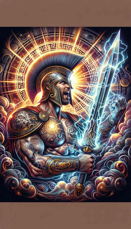 Color tattoo project: muscular warrior in ornate gold armor and helmet, wielding a glowing blue sword; halo and clouds behind; pattern-rich, not necessarily a cover-up.