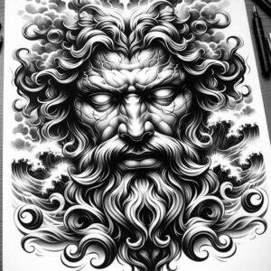 Face of a mythic bearded warrior in black and grey linework with swirling hair, waves, and clouds; tattoo design concept, ideal cover-up project.