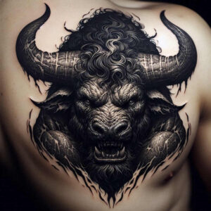 Minotaur head tattoo design in black and grey, featuring imposing horns, a wild mane, and a fierce gaze; concept idea, perfect for cover-up.