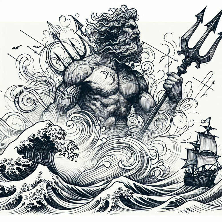 Figure of a muscular sea god with a flowing beard, holding a trident, rising from black-and-grey waves with a distant ship; tattoo project idea, suitable for a cover-up.