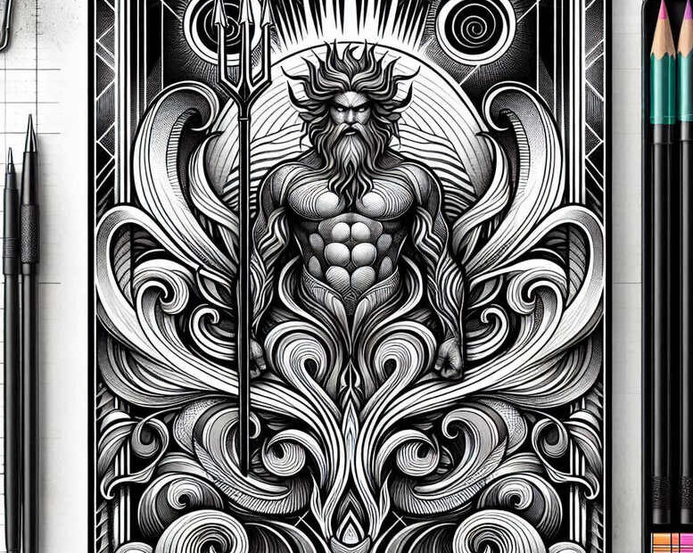 Black and grey tattoo design featuring a Poseidon-inspired deity with a bold trident, ornate scrollwork, and sea motifs; a high-contrast project idea, clearly suitable for cover-up.