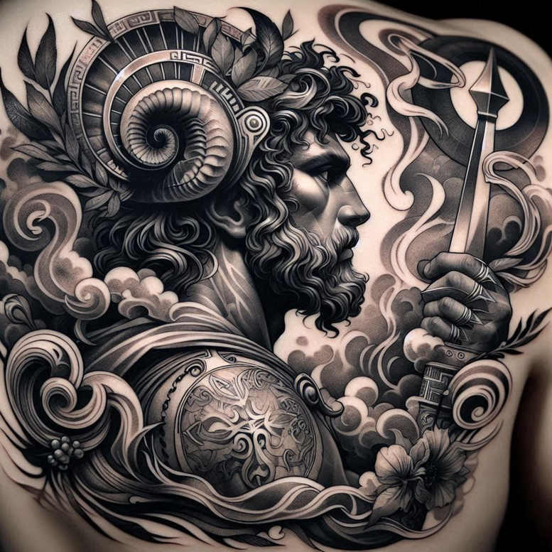 Black and grey realism chest tattoo featuring a mythic ram warrior with horned helmet, sword, shield, and swirling clouds and flowers; project concept, cover-up ready.