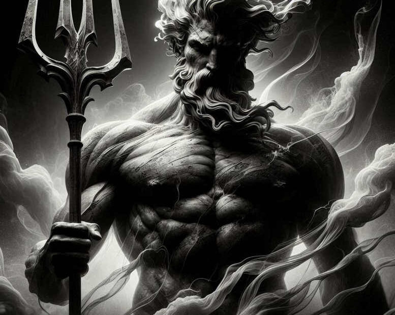 Muscular grayscale figure wielding a trident stands before a dark stormy background; black and grey tattoo concept, project idea, cover-up suitable.