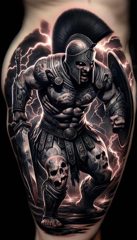 Warrior in ornate black and grey armor with helmet, sword, shield, skull motifs, and lightning; cover-up capable tattoo project.