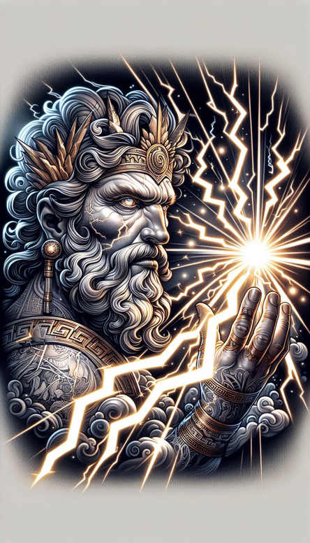 Bearded king, crown, armor, hand, lightning, and clouds visible in a black and grey tattoo concept; AI-generated tattoo project; cover-up suitable.