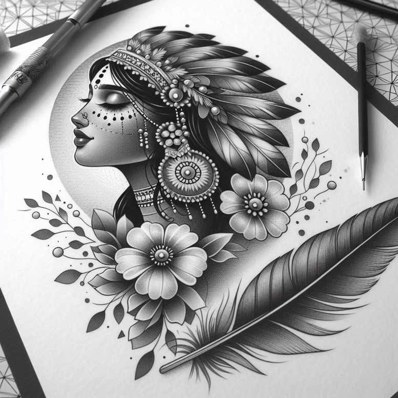 native-feather-tattoo-realism-natural-contours-for-abdomen – tattoo design ideas free ai generated – Gallery: native-american-women-inkby-ai