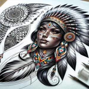 native-american-women tattoo design ideas Surrealism visual paradox ceremonial dress for lower back