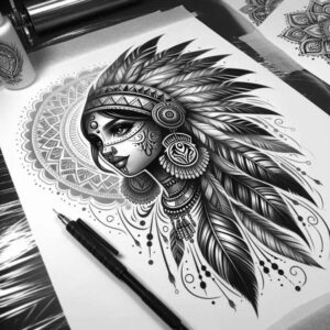 native-american-women tattoo design ideas Surrealism psychedelic cultural for sternum