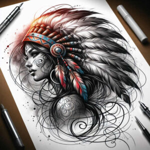 native-american-women tattoo design ideas Surrealism vibrant contrasts cultural symbols for temple