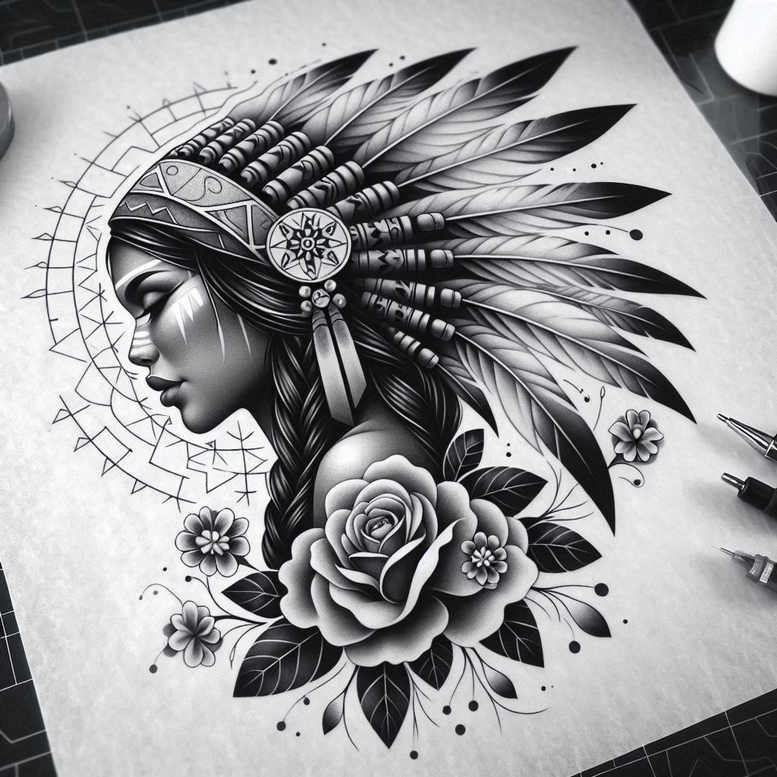 native-american-women tattoo design ideas realistic contrast detailed face determination and power