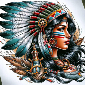 native-american-women tattoo design ideas Surrealism hallucinogenic detailed hair for back of neck
