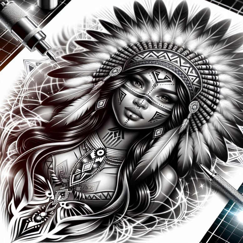native-american-women tattoo design ideas Surrealism mystical dignified embodying courage