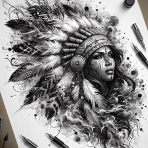 native-american-women tattoo design ideas Realism smooth gradients feathers embodying determination