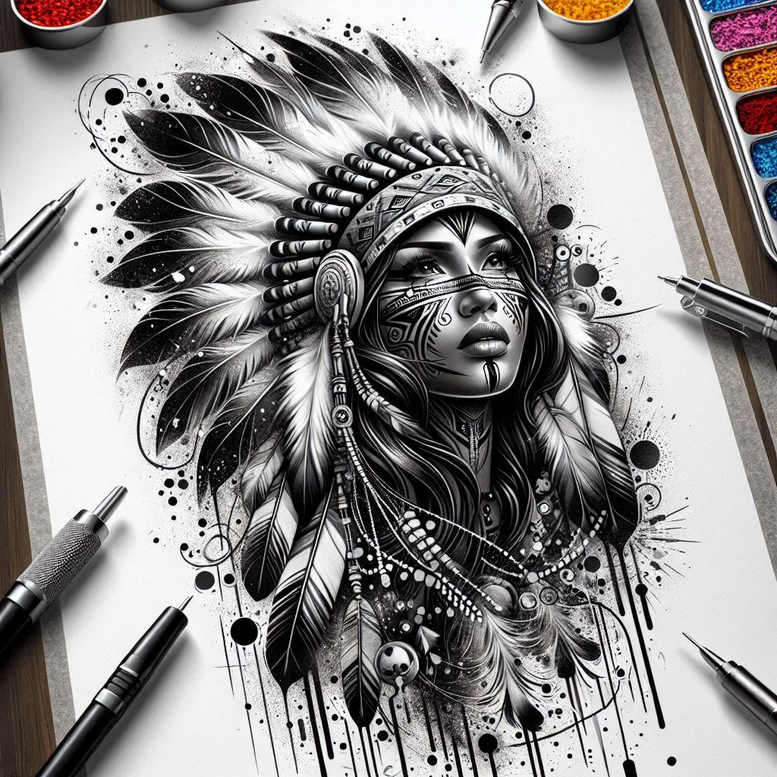 native-american-women tattoo design ideas Realism subtle gradients graceful for upper chest
