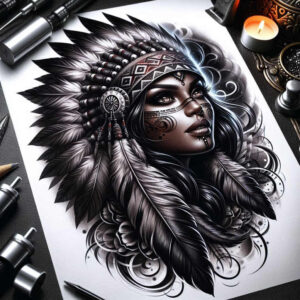 native-american-women tattoo design ideas CGI-rendered heritage for calf