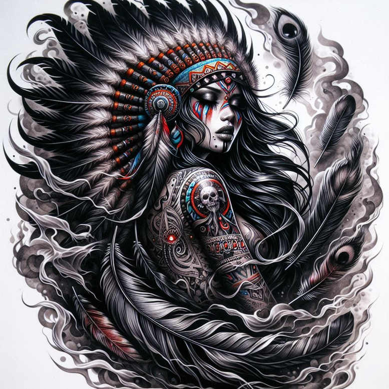 native-american-women tattoo design ideas Realism lifelike eyes intricate patterns represents perseverance