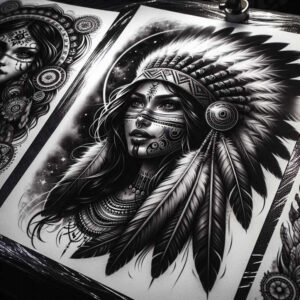 native-american-women tattoo design ideas dynamic linework intricate patterns shows strength